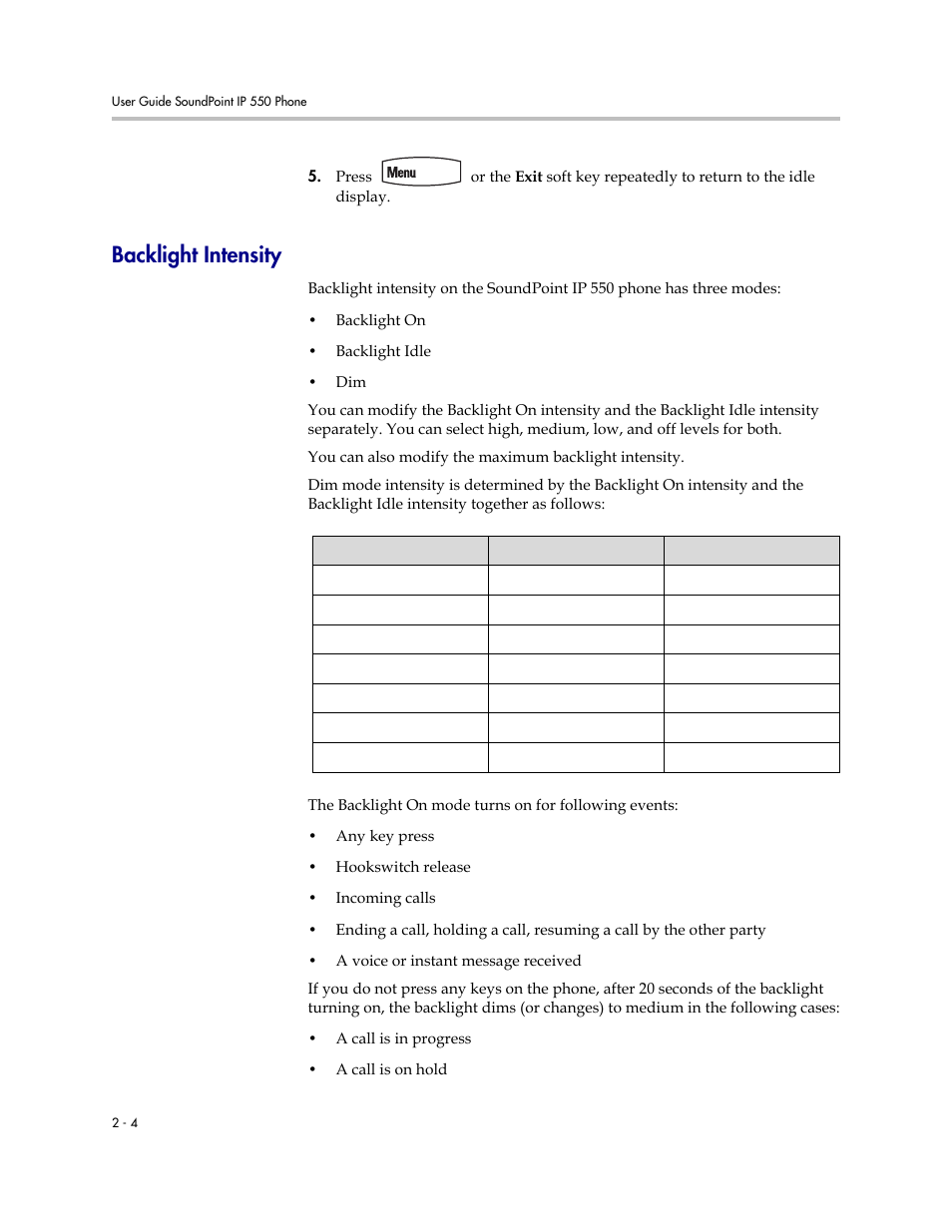 Backlight intensity, Backlight intensity –4 | Polycom 550 User Manual | Page 24 / 90