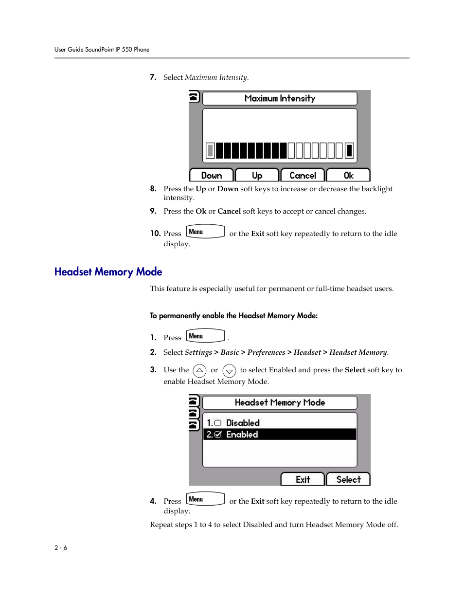 Headset memory mode, Headset memory mode –6 | Polycom 550 User Manual | Page 26 / 90