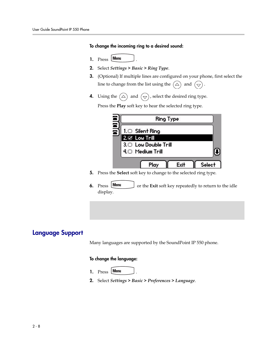 Language support, Language support –8 | Polycom 550 User Manual | Page 28 / 90