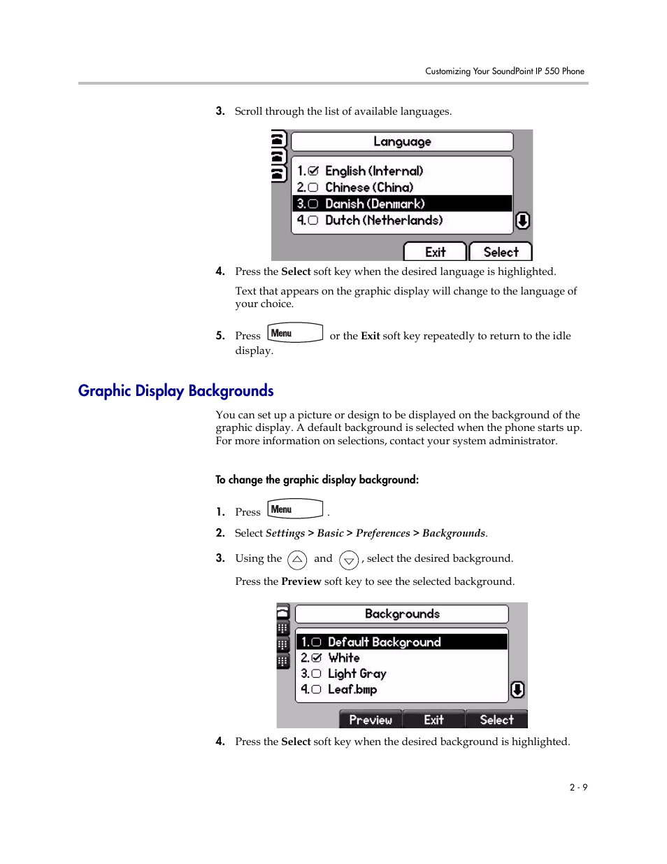 Graphic display backgrounds, Graphic display backgrounds –9 | Polycom 550 User Manual | Page 29 / 90