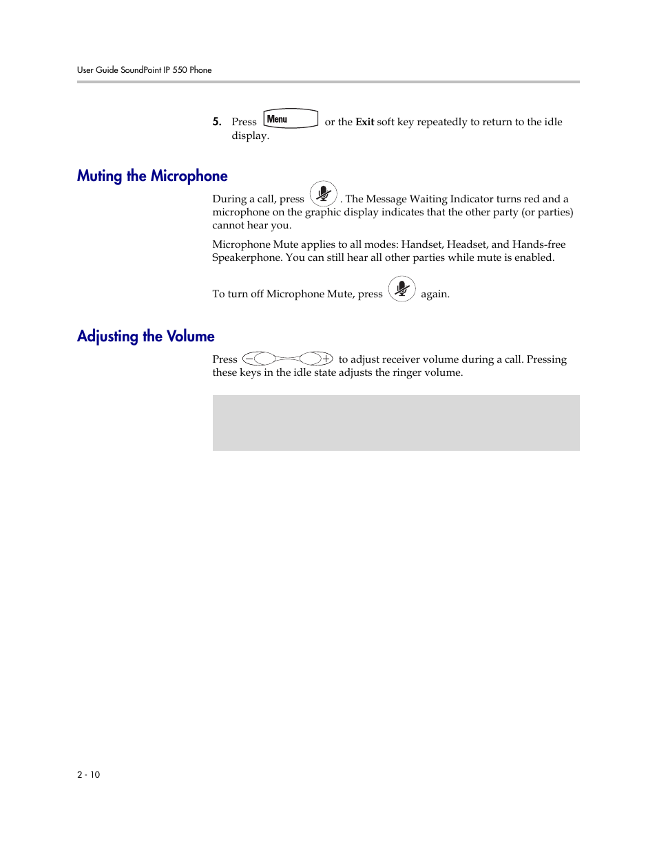 Muting the microphone, Adjusting the volume, Muting the microphone –10 adjusting the volume –10 | Polycom 550 User Manual | Page 30 / 90