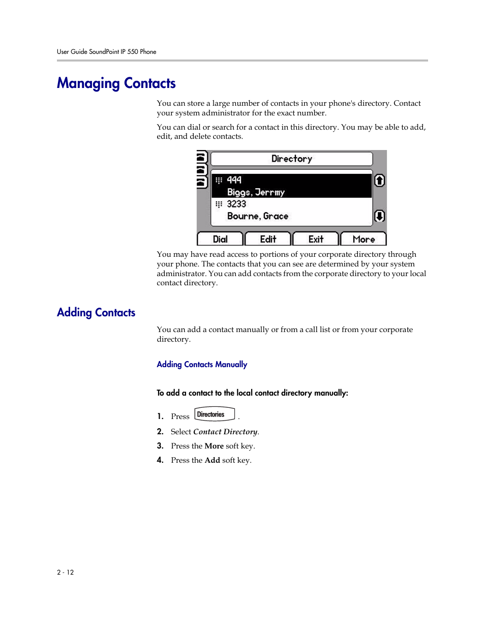 Managing contacts, Adding contacts, Managing contacts –12 | Adding contacts –12 | Polycom 550 User Manual | Page 32 / 90