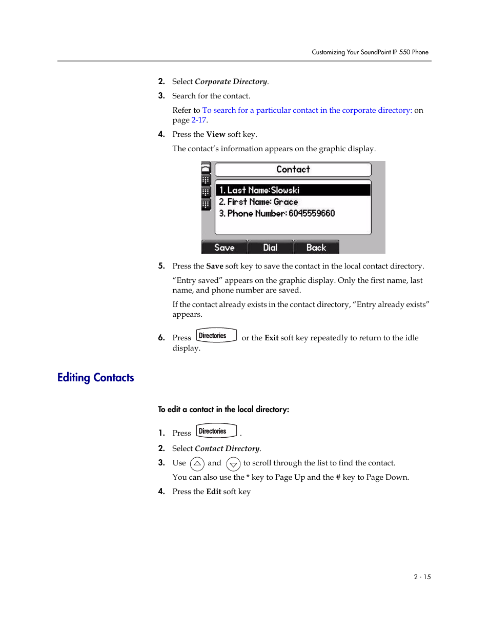 Editing contacts, Editing contacts –15 | Polycom 550 User Manual | Page 35 / 90