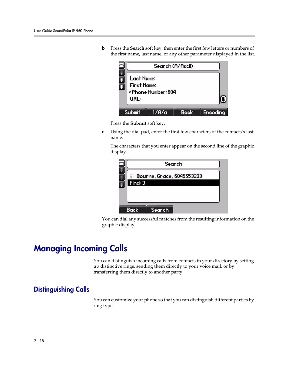 Managing incoming calls, Distinguishing calls, Managing incoming calls –18 | Distinguishing calls –18 | Polycom 550 User Manual | Page 38 / 90