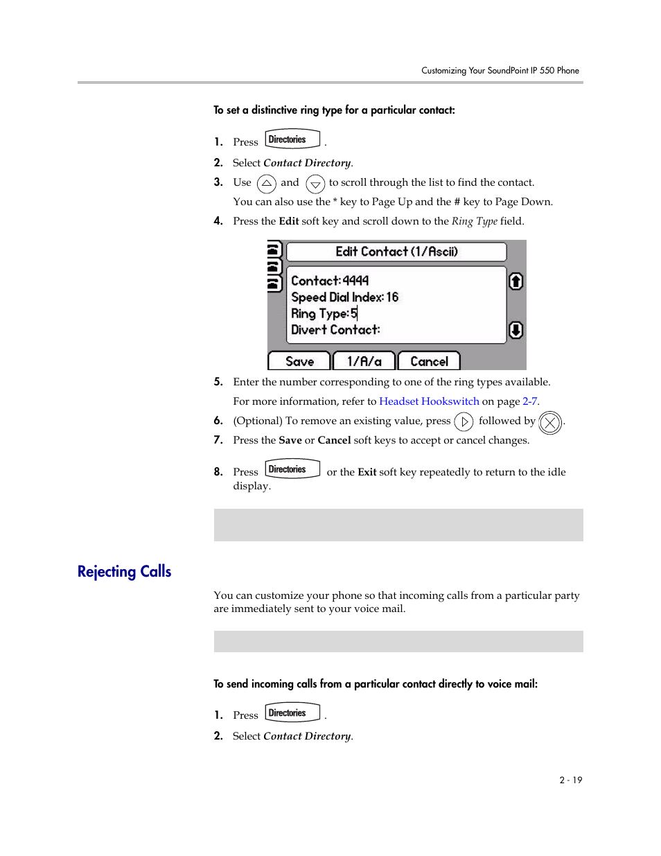 Rejecting calls, Rejecting calls –19, Rejecting | Calls | Polycom 550 User Manual | Page 39 / 90