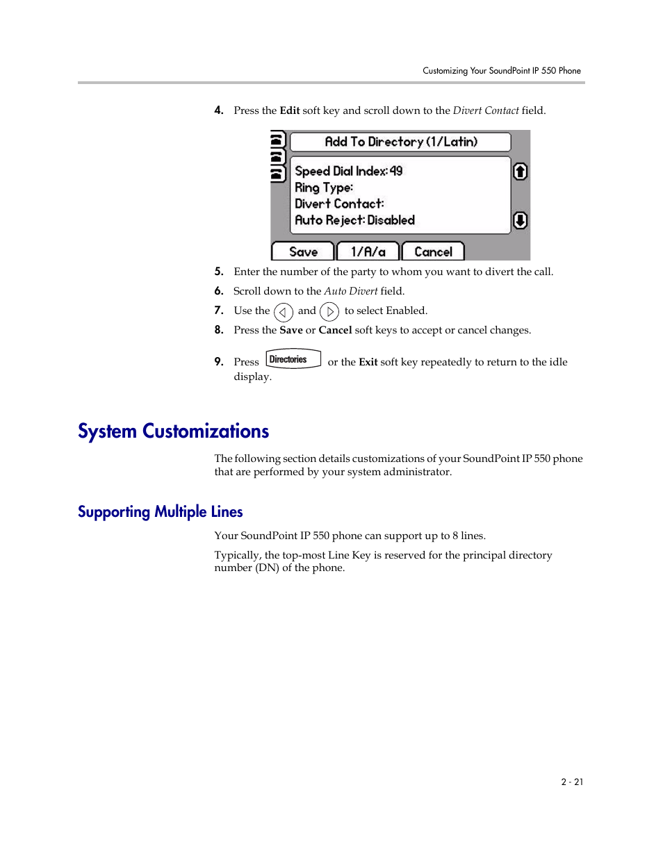 System customizations, Supporting multiple lines, System customizations –21 | Supporting multiple lines –21 | Polycom 550 User Manual | Page 41 / 90