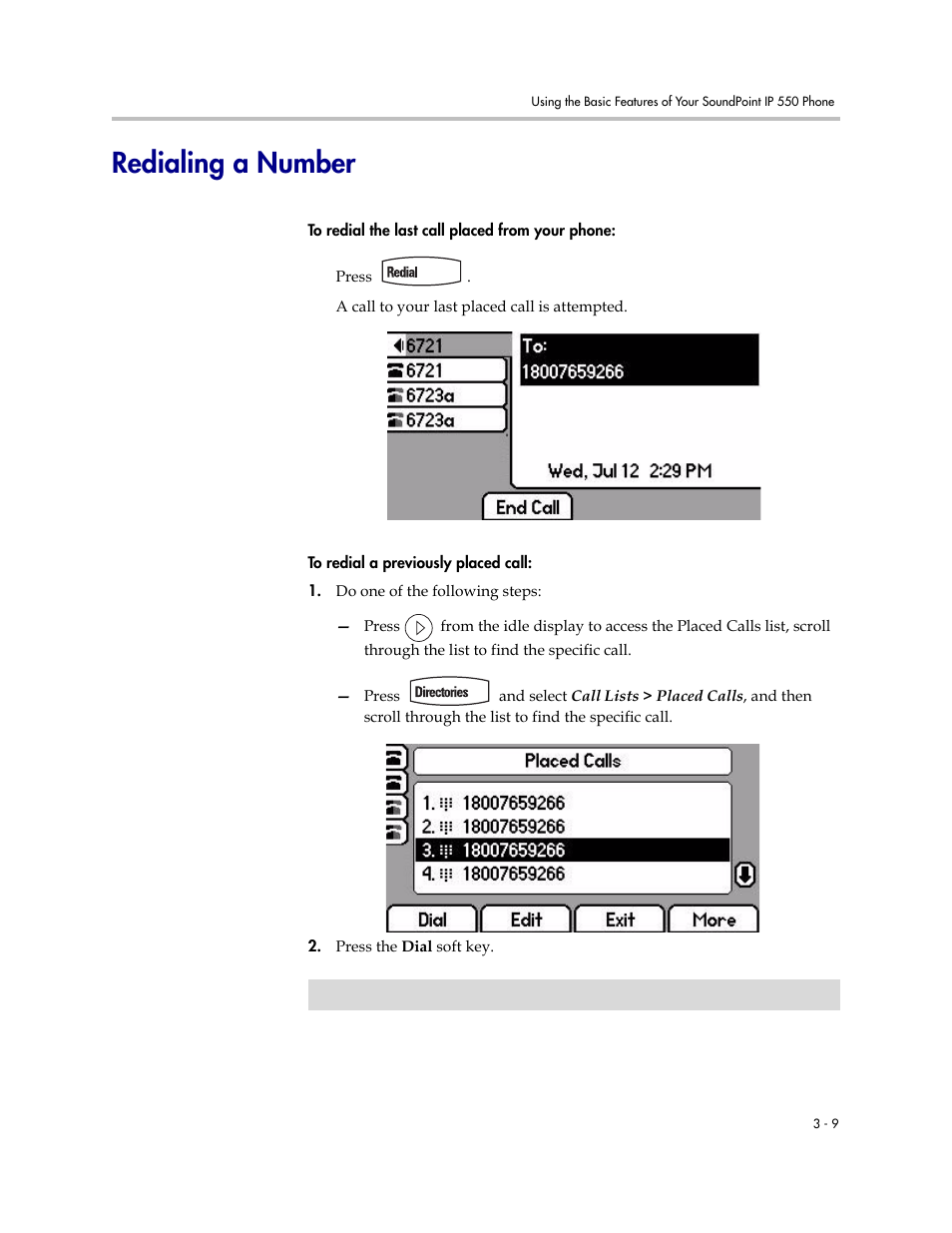 Redialing a number, Redialing a number –9 | Polycom 550 User Manual | Page 53 / 90