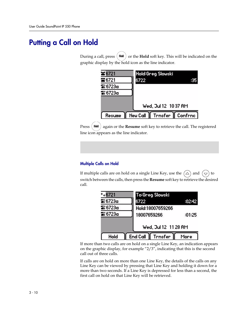 Putting a call on hold, Putting a call on hold –10 | Polycom 550 User Manual | Page 54 / 90