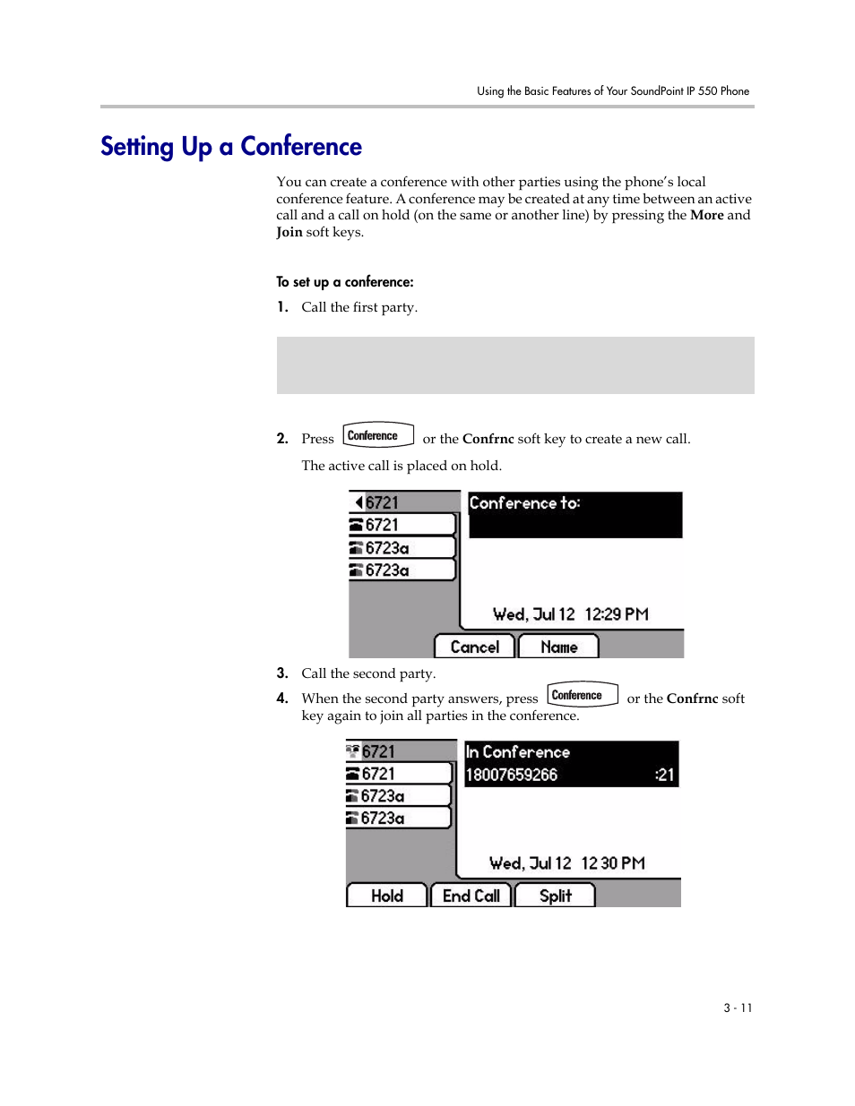 Setting up a conference, Setting up a conference –11 | Polycom 550 User Manual | Page 55 / 90