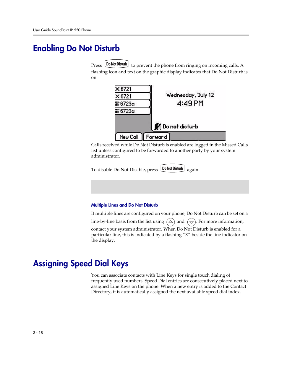 Enabling do not disturb, Assigning speed dial keys | Polycom 550 User Manual | Page 62 / 90