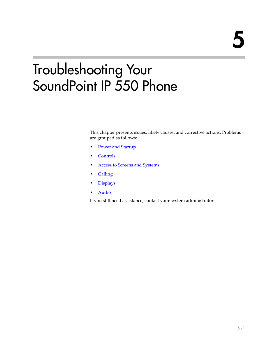 Troubleshooting your soundpoint ip 550 phone, 5 troubleshooting your soundpoint ip 550 phone –1 | Polycom 550 User Manual | Page 77 / 90