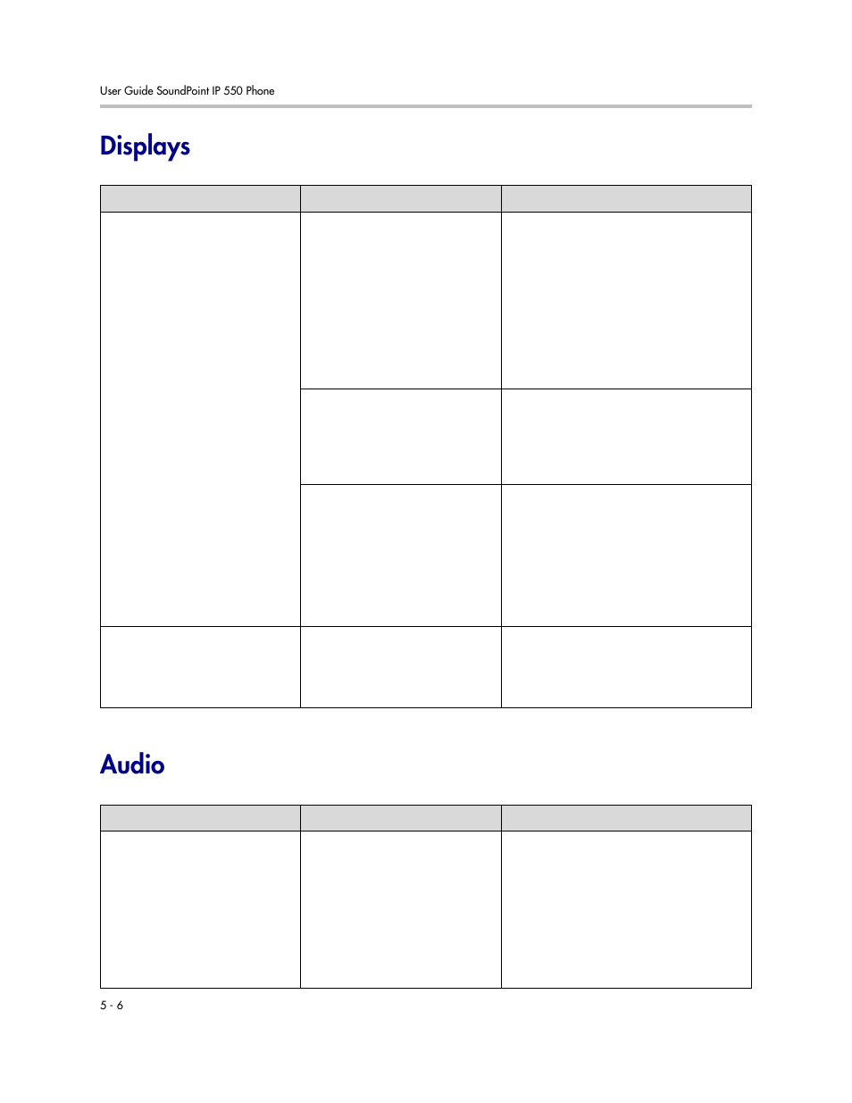 Displays, Audio, Displays –6 audio –6 | Displays audio | Polycom 550 User Manual | Page 82 / 90