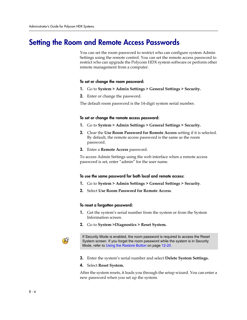 Setting the room and remote access passwords, Setting the room and remote access passwords -4 | Polycom 1 User Manual | Page 104 / 194