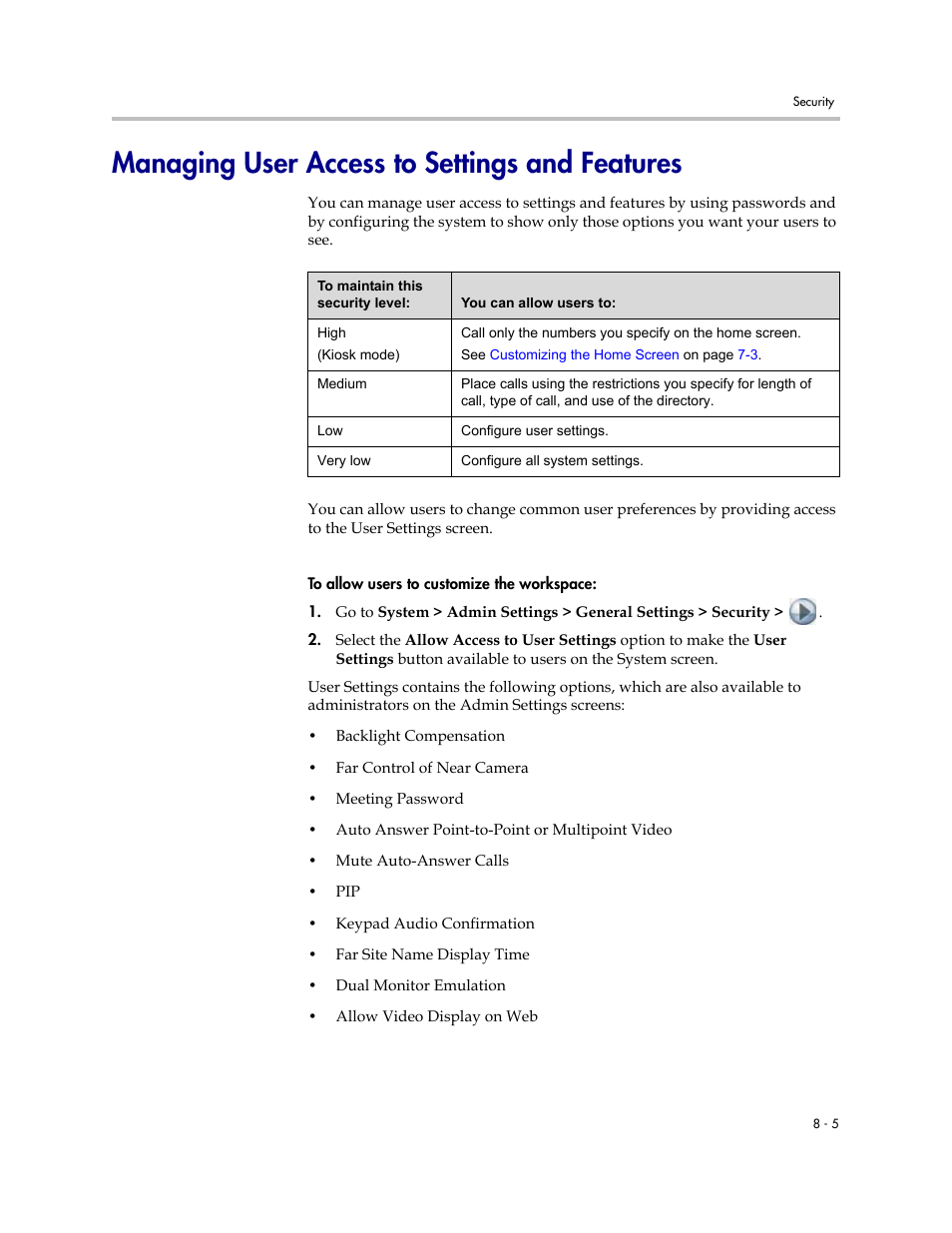 Managing user access to settings and features, Managing user access to settings and features -5 | Polycom 1 User Manual | Page 105 / 194