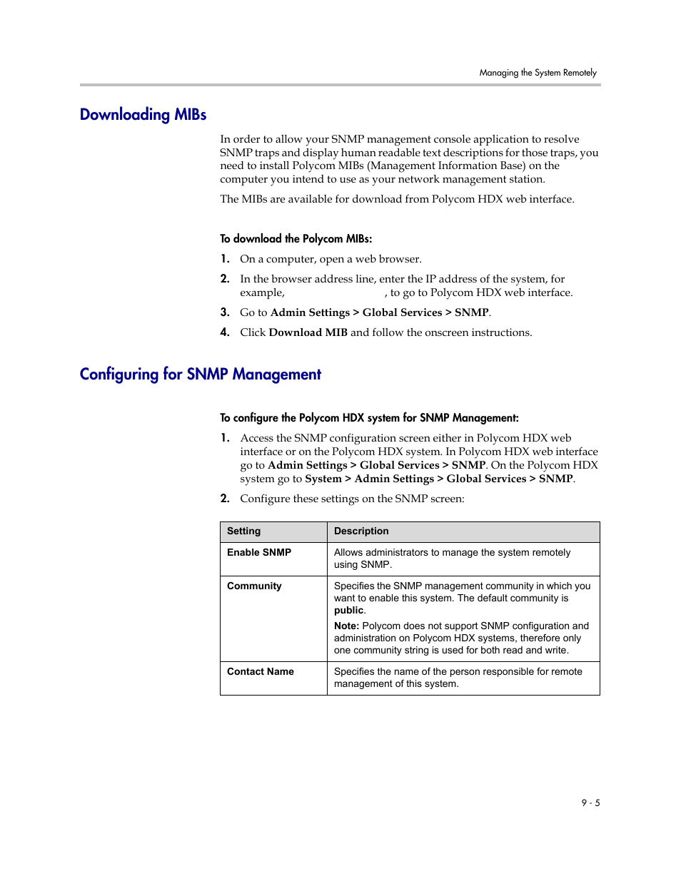 Downloading mibs, Configuring for snmp management | Polycom 1 User Manual | Page 113 / 194