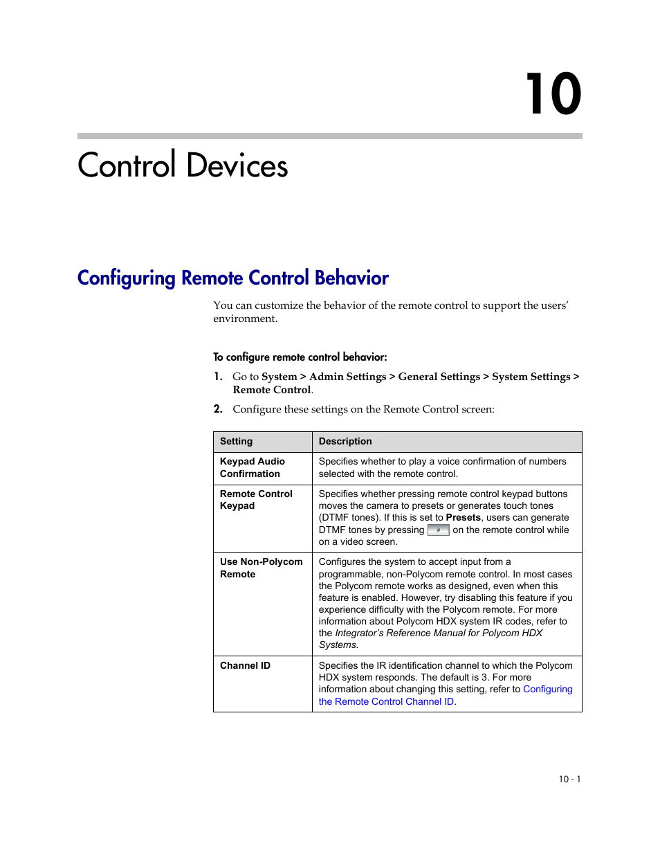 Control devices, Configuring remote control behavior, 10 control devices -1 | Configuring remote control behavior -1 | Polycom 1 User Manual | Page 115 / 194