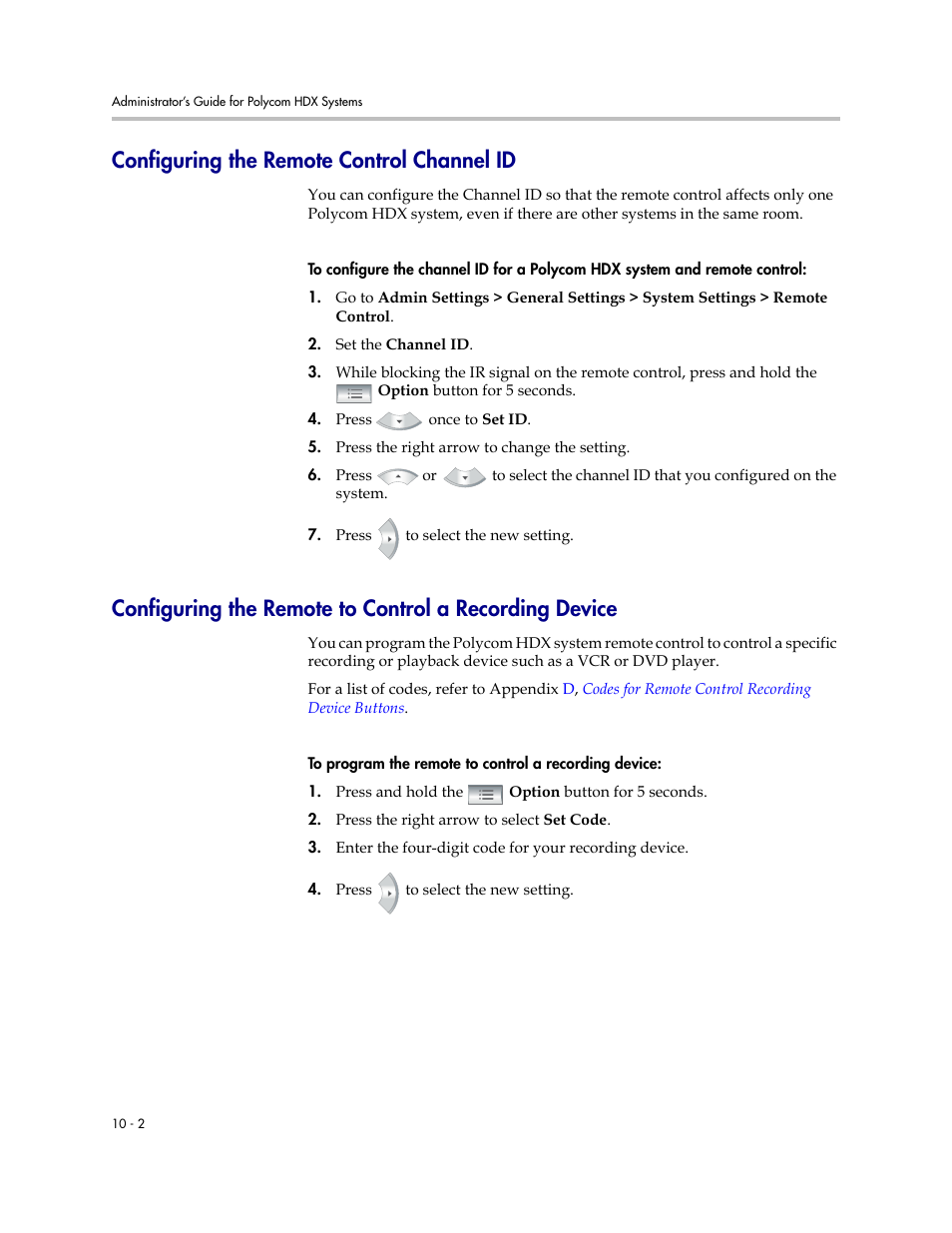 Configuring the remote control channel id | Polycom 1 User Manual | Page 116 / 194