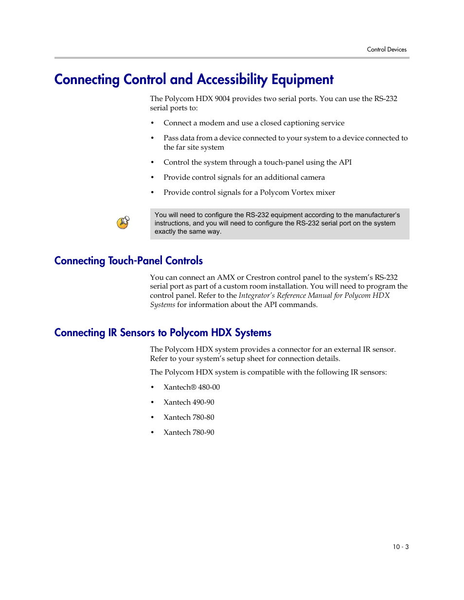 Connecting control and accessibility equipment, Connecting touch-panel controls, Connecting ir sensors to polycom hdx systems | Connecting control and accessibility equipment -3 | Polycom 1 User Manual | Page 117 / 194