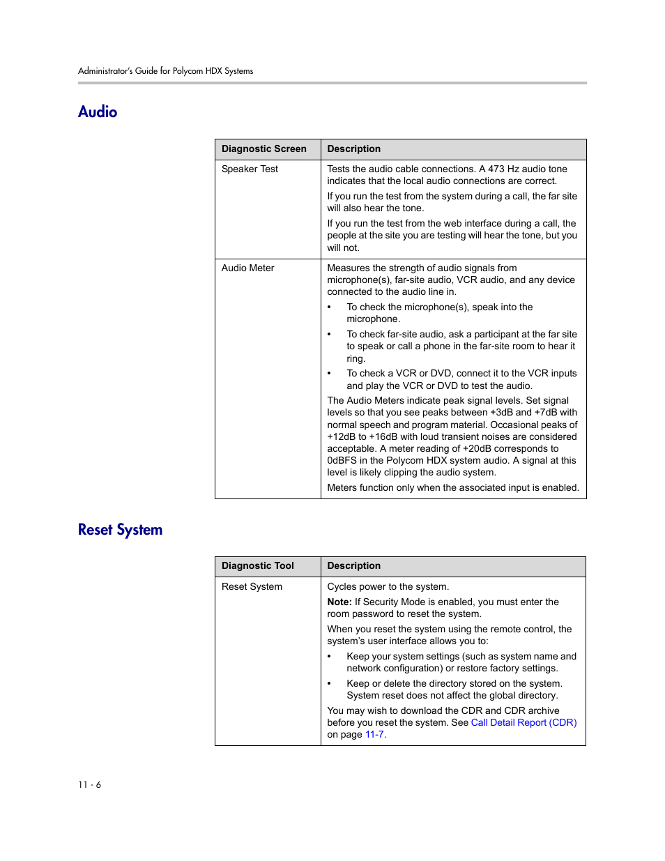 Audio, Reset system, Audio -6 reset system -6 | Audio reset system | Polycom 1 User Manual | Page 124 / 194