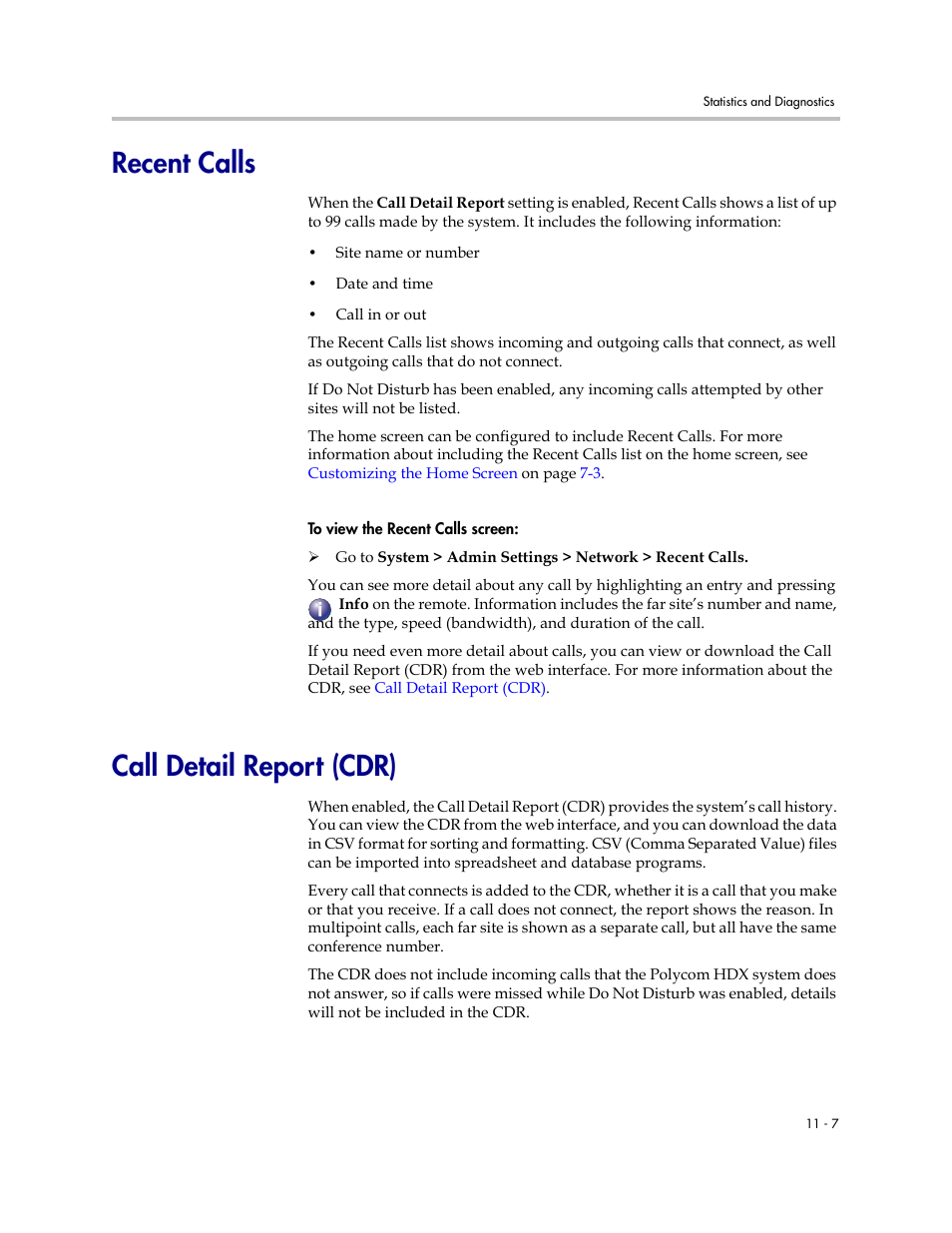 Recent calls, Call detail report (cdr), Recent calls -7 call detail report (cdr) -7 | Polycom 1 User Manual | Page 125 / 194