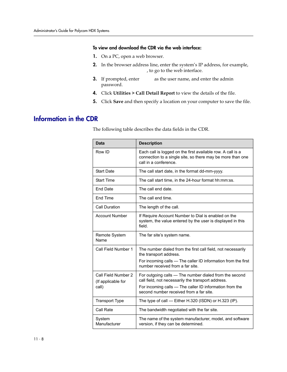 Information in the cdr, Information in the cdr -8 | Polycom 1 User Manual | Page 126 / 194