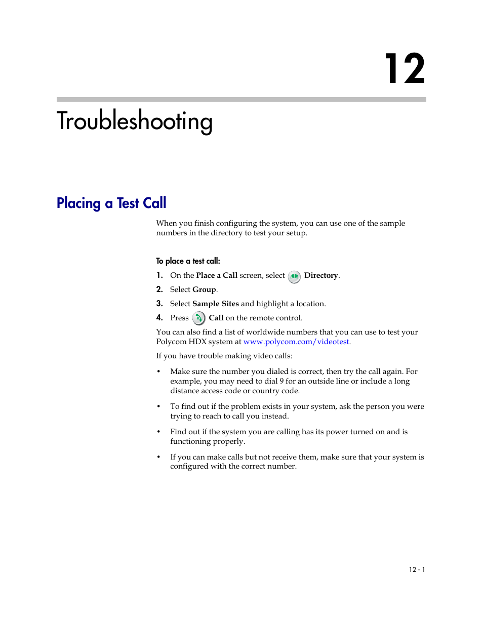 Troubleshooting, Placing a test call, 12 troubleshooting -1 | Placing a test call -1 | Polycom 1 User Manual | Page 131 / 194