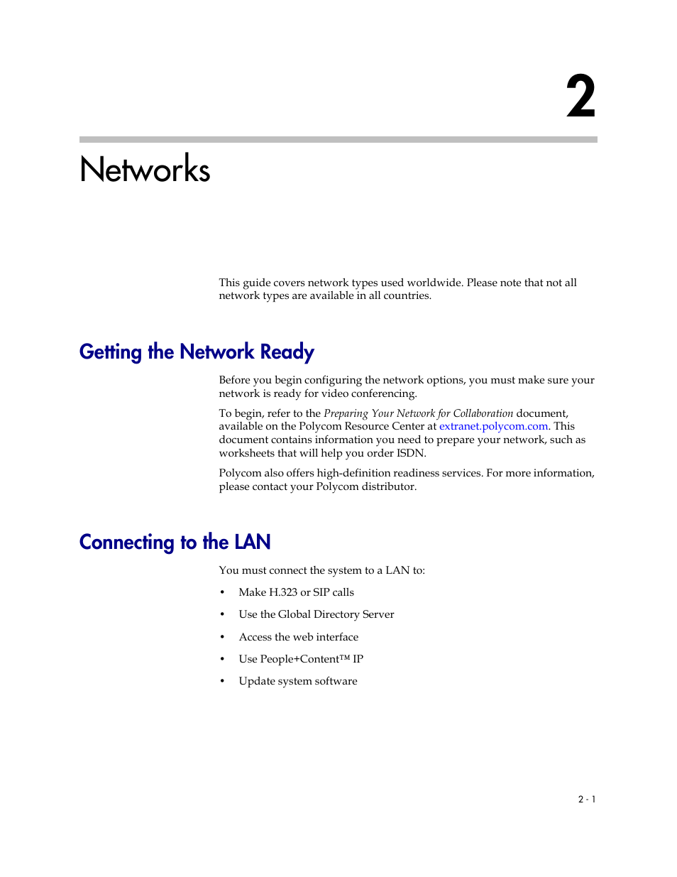 Networks, Getting the network ready, Connecting to the lan | 2 networks -1 | Polycom 1 User Manual | Page 15 / 194