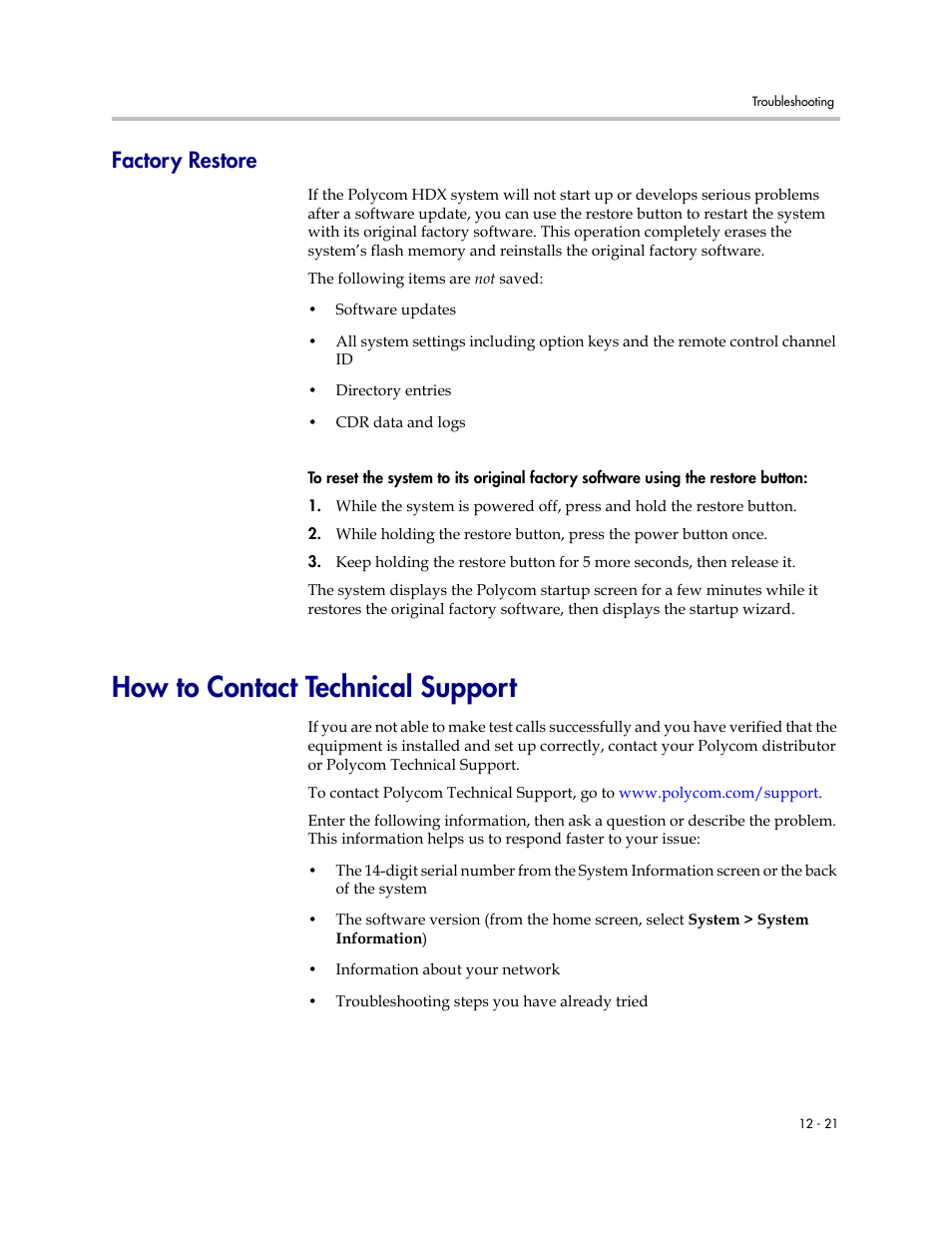 Factory restore, How to contact technical support, Factory restore -21 | How to contact technical support -21 | Polycom 1 User Manual | Page 151 / 194