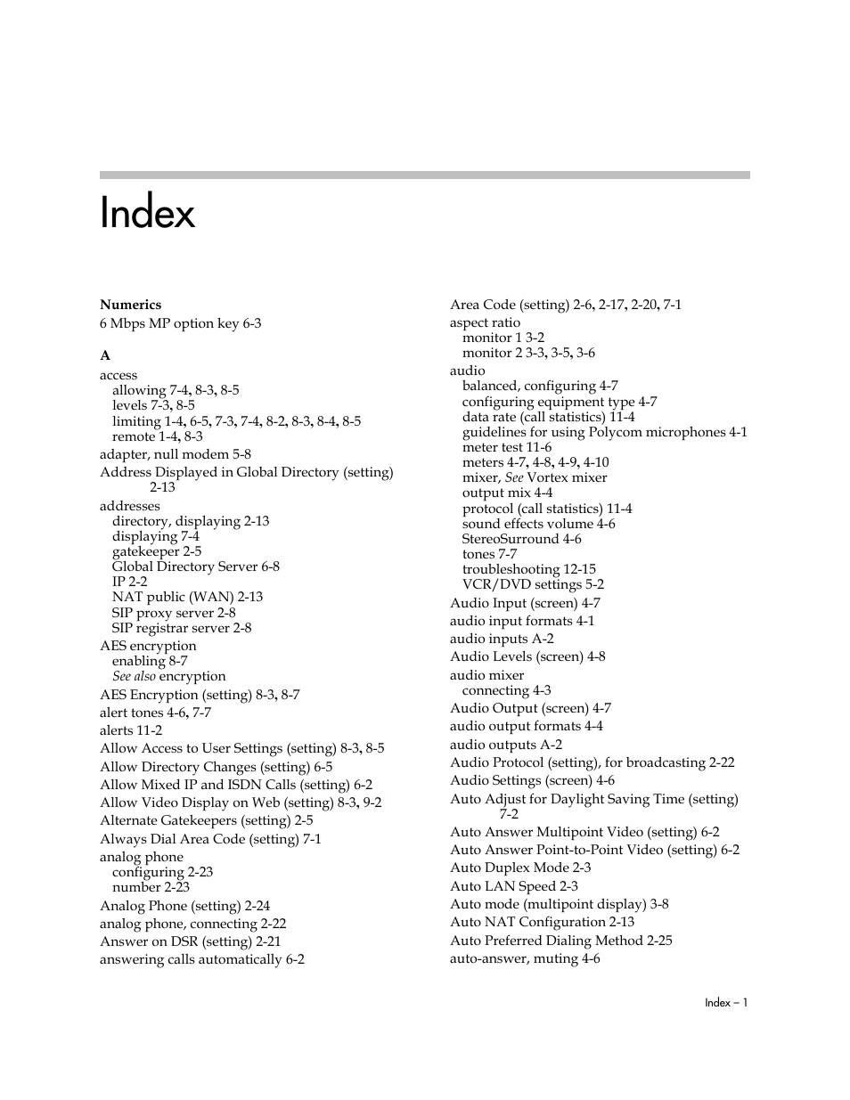 Index | Polycom 1 User Manual | Page 181 / 194