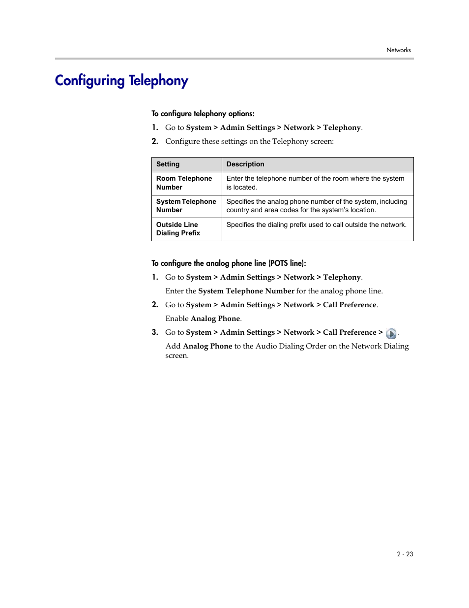 Configuring telephony, Configuring telephony -23 | Polycom 1 User Manual | Page 37 / 194