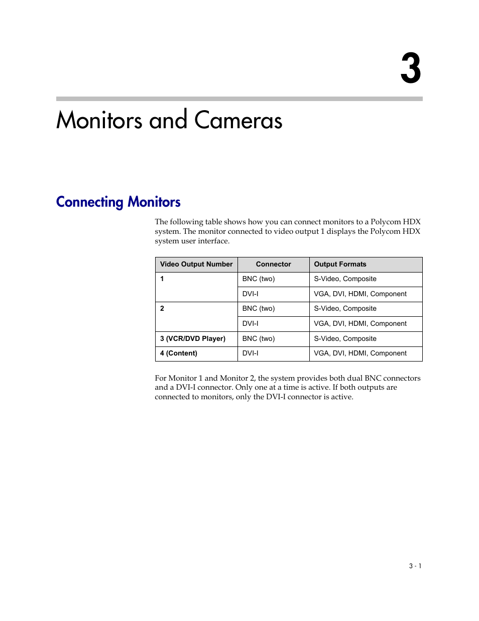 Monitors and cameras, Connecting monitors, 3 monitors and cameras -1 | Connecting monitors -1 | Polycom 1 User Manual | Page 43 / 194