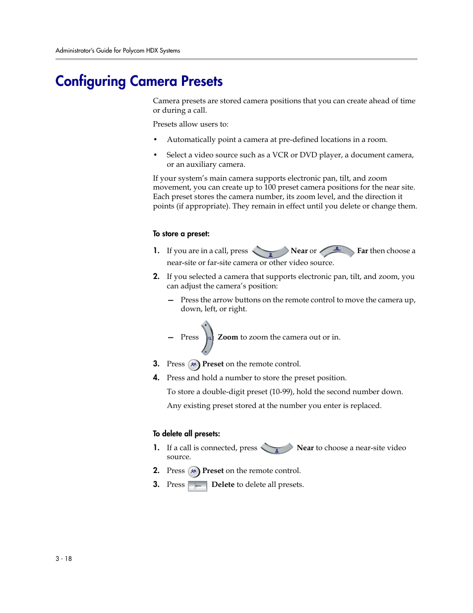 Configuring camera presets, Configuring camera presets -18 | Polycom 1 User Manual | Page 60 / 194