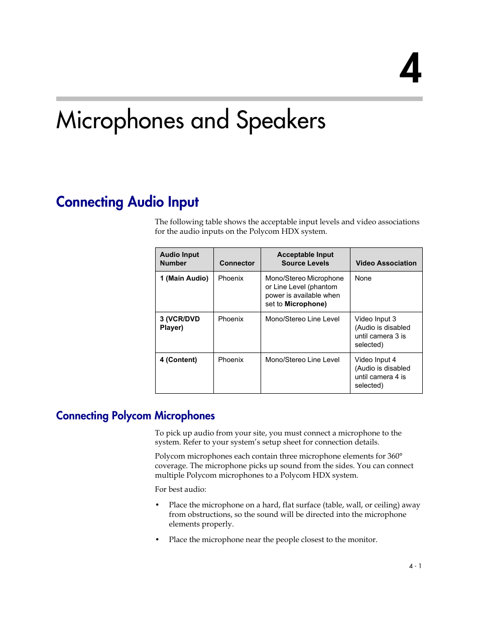 Microphones and speakers, Connecting audio input, Connecting polycom microphones | 4 microphones and speakers -1, Connecting audio input -1, Connecting polycom microphones -1 | Polycom 1 User Manual | Page 63 / 194