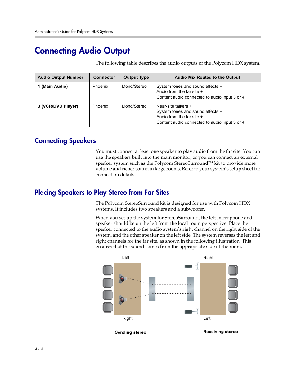 Connecting audio output, Connecting speakers, Placing speakers to play stereo from far sites | Connecting audio output -4 | Polycom 1 User Manual | Page 66 / 194