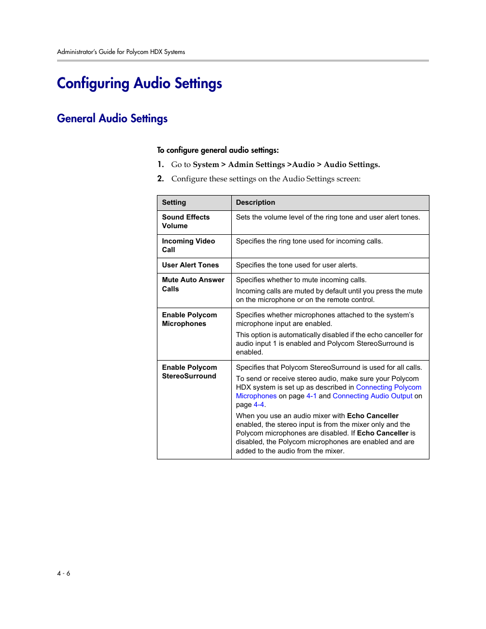 Configuring audio settings, General audio settings, Configuring audio settings -6 | General audio settings -6 | Polycom 1 User Manual | Page 68 / 194