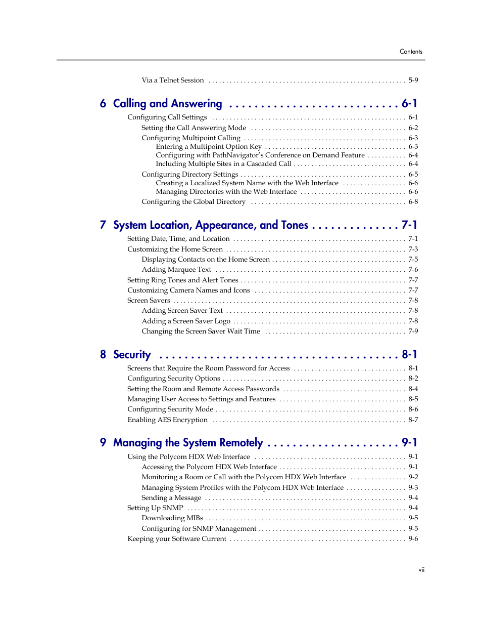 6 calling and answering -1, 7 system location, appearance, and tones -1, 8 security -1 | 9 managing the system remotely -1 | Polycom 1 User Manual | Page 7 / 194