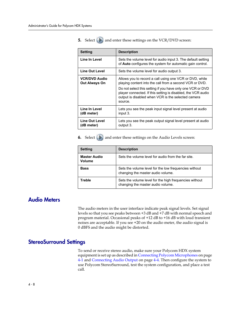 Audio meters, Stereosurround settings, Audio meters -8 stereosurround settings -8 | Polycom 1 User Manual | Page 70 / 194