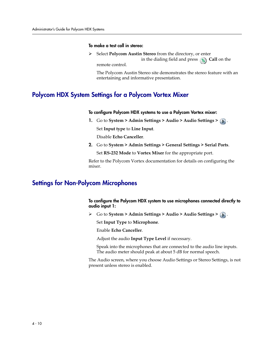Settings for non-polycom microphones | Polycom 1 User Manual | Page 72 / 194