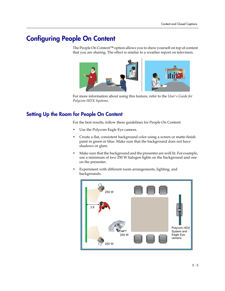 Configuring people on content, Setting up the room for people on content, Configuring people on content -5 | Setting up the room for people on content -5 | Polycom 1 User Manual | Page 77 / 194