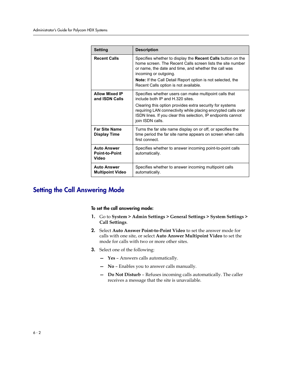 Setting the call answering mode, Setting the call answering mode -2 | Polycom 1 User Manual | Page 84 / 194