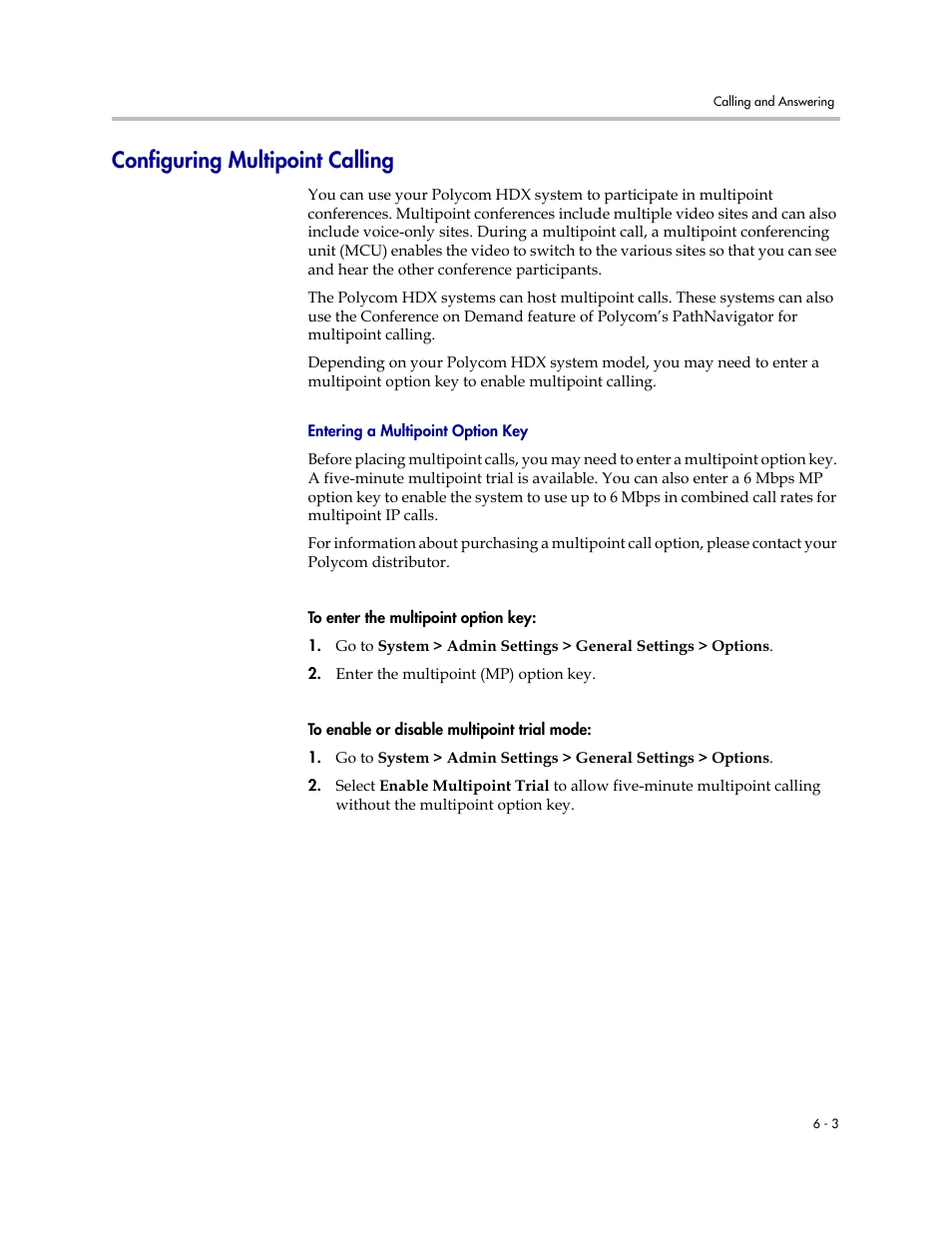 Configuring multipoint calling, Entering a multipoint option key, Configuring multipoint calling -3 | Entering a multipoint option key -3 | Polycom 1 User Manual | Page 85 / 194