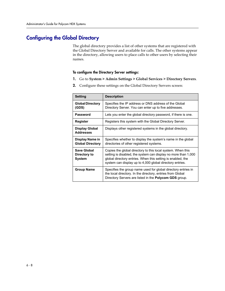 Configuring the global directory, Configuring the global directory -8 | Polycom 1 User Manual | Page 90 / 194