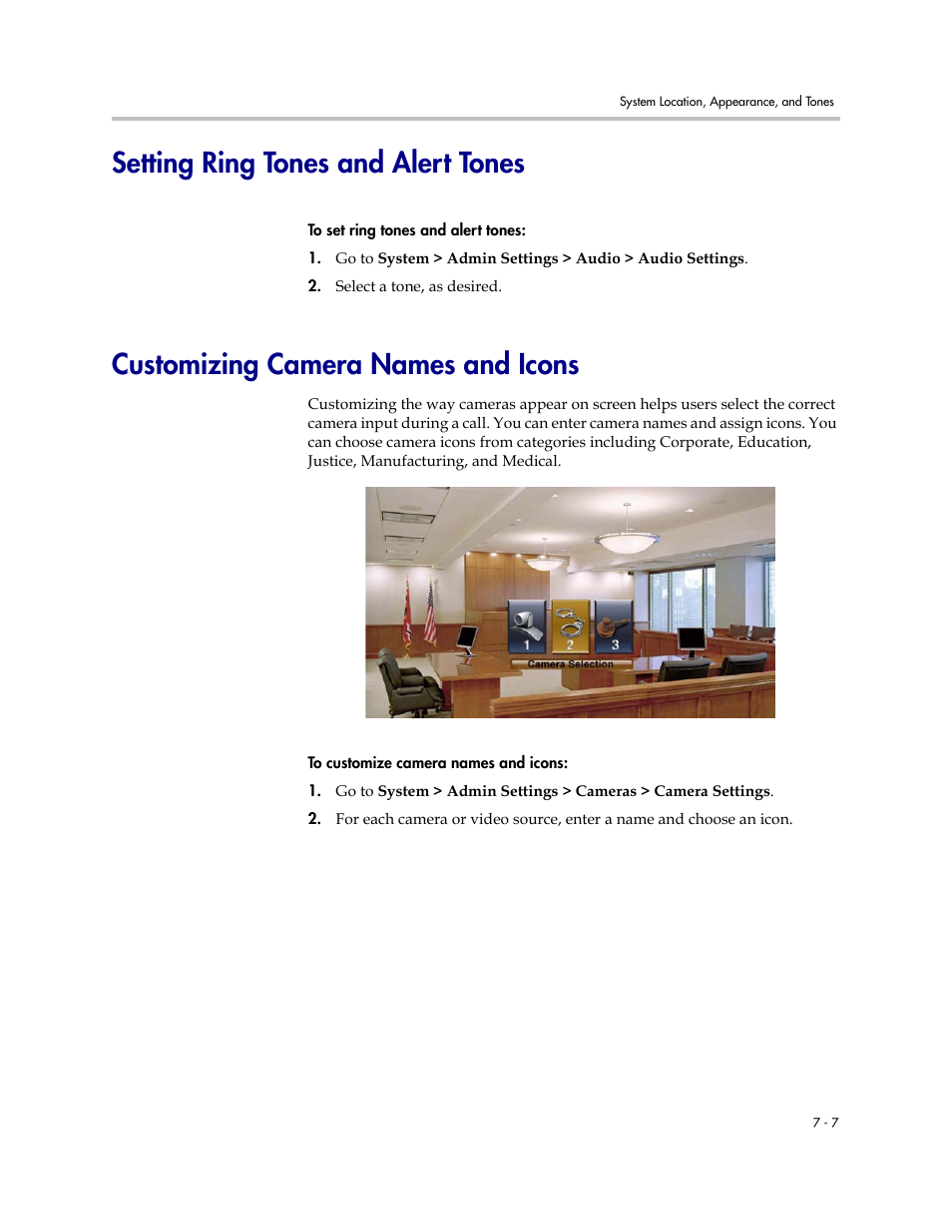 Setting ring tones and alert tones, Customizing camera names and icons | Polycom 1 User Manual | Page 97 / 194