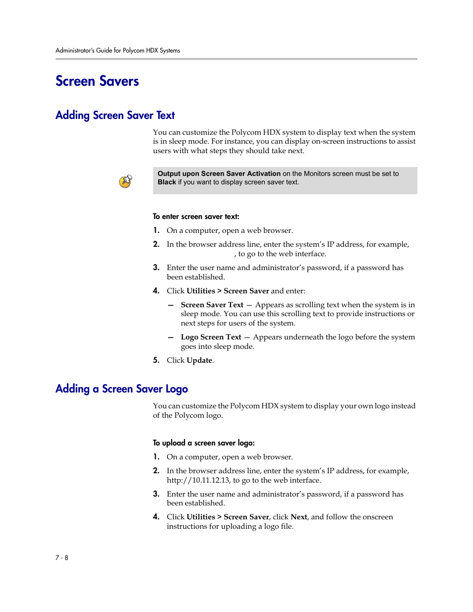 Screen savers, Adding screen saver text, Adding a screen saver logo | Screen savers -8 | Polycom 1 User Manual | Page 98 / 194