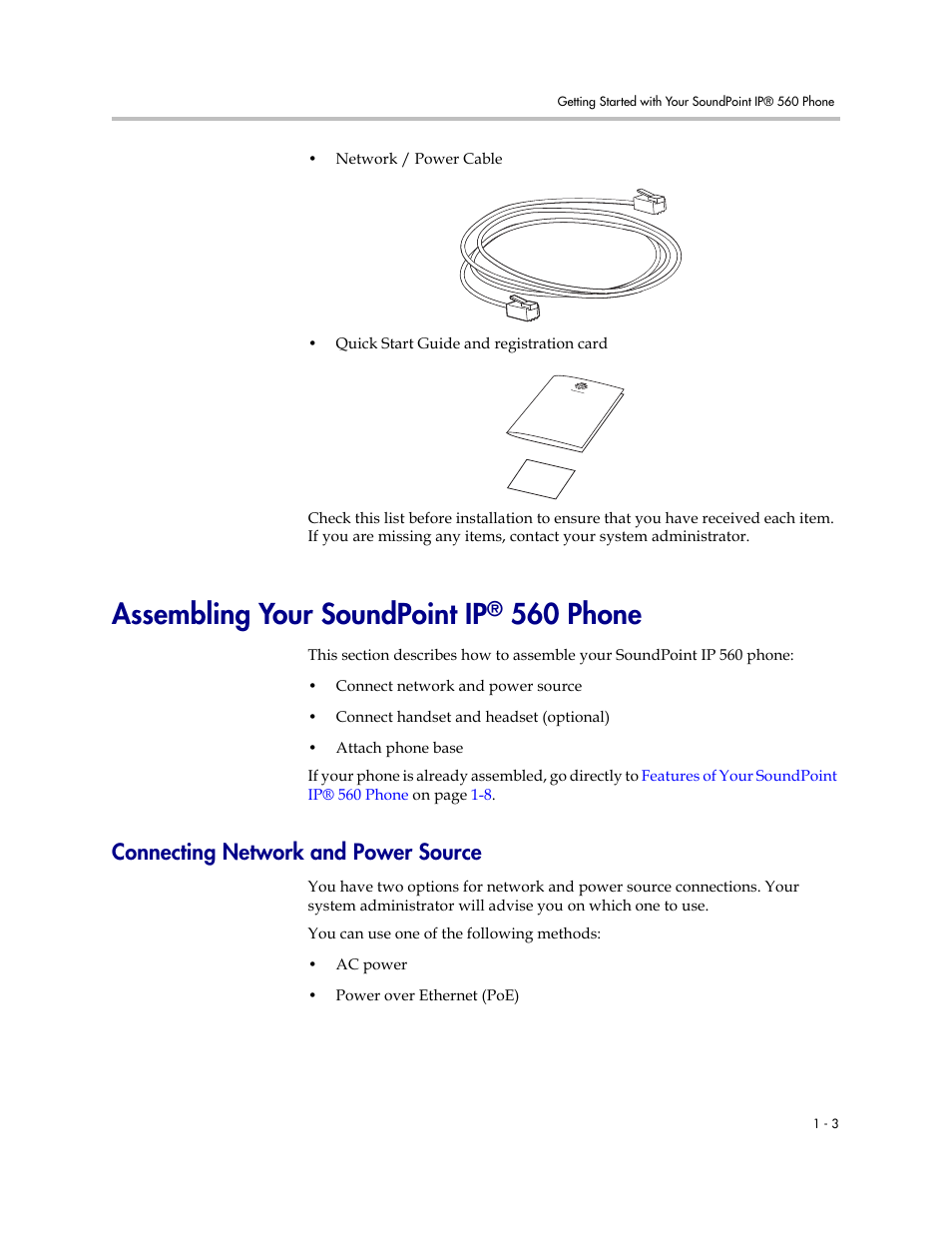 Assembling your soundpoint ip® 560 phone, Connecting network and power source, Assembling your soundpoint ip® 560 phone –3 | Connecting network and power source –3, Assembling your soundpoint ip, 560 phone | Polycom 560 User Manual | Page 11 / 90