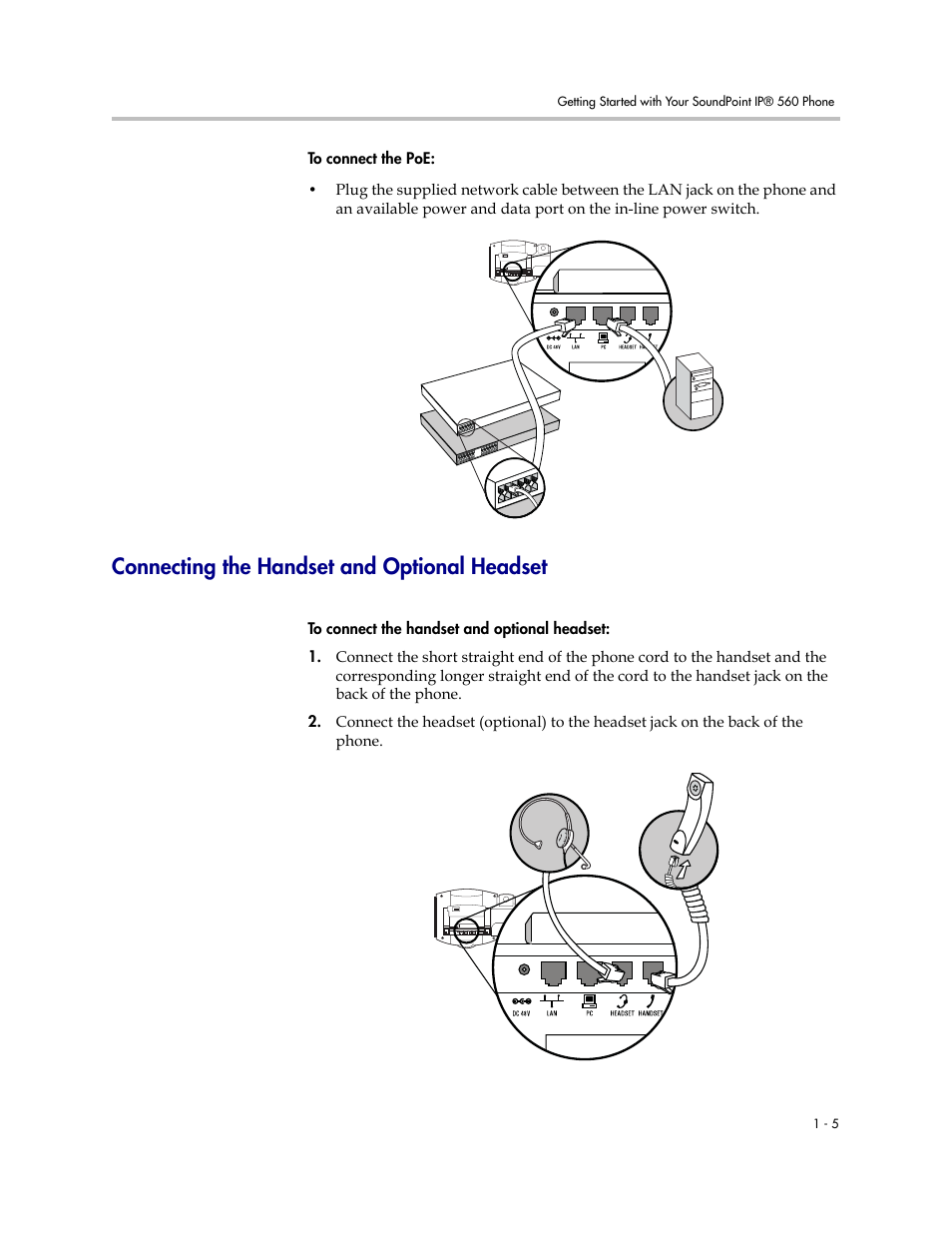 Connecting the handset and optional headset, Connecting the handset and optional headset –5 | Polycom 560 User Manual | Page 13 / 90