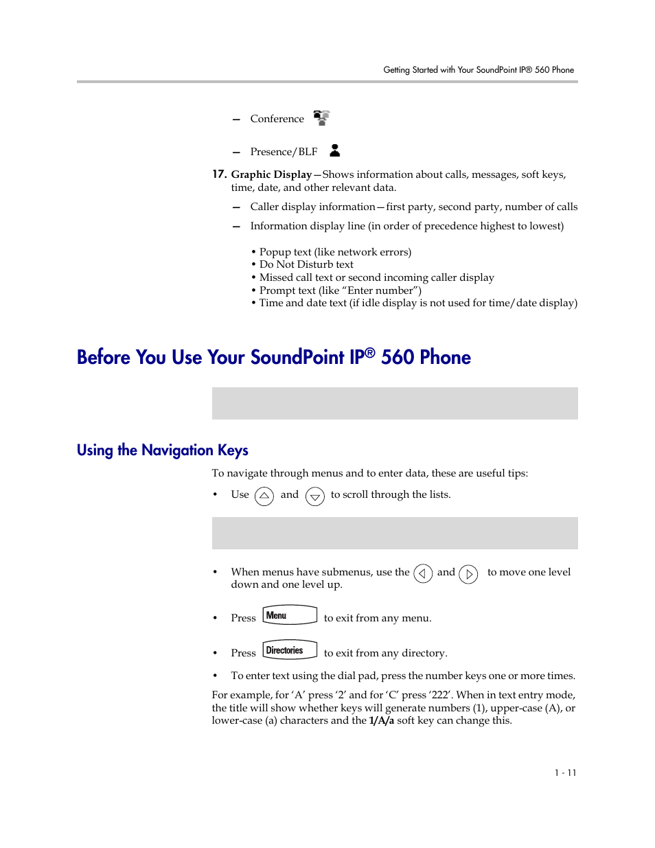 Before you use your soundpoint ip® 560 phone, Using the navigation keys, Before you use your soundpoint ip® 560 phone –11 | Using the navigation keys –11, Before you use your soundpoint ip, 560 phone | Polycom 560 User Manual | Page 19 / 90