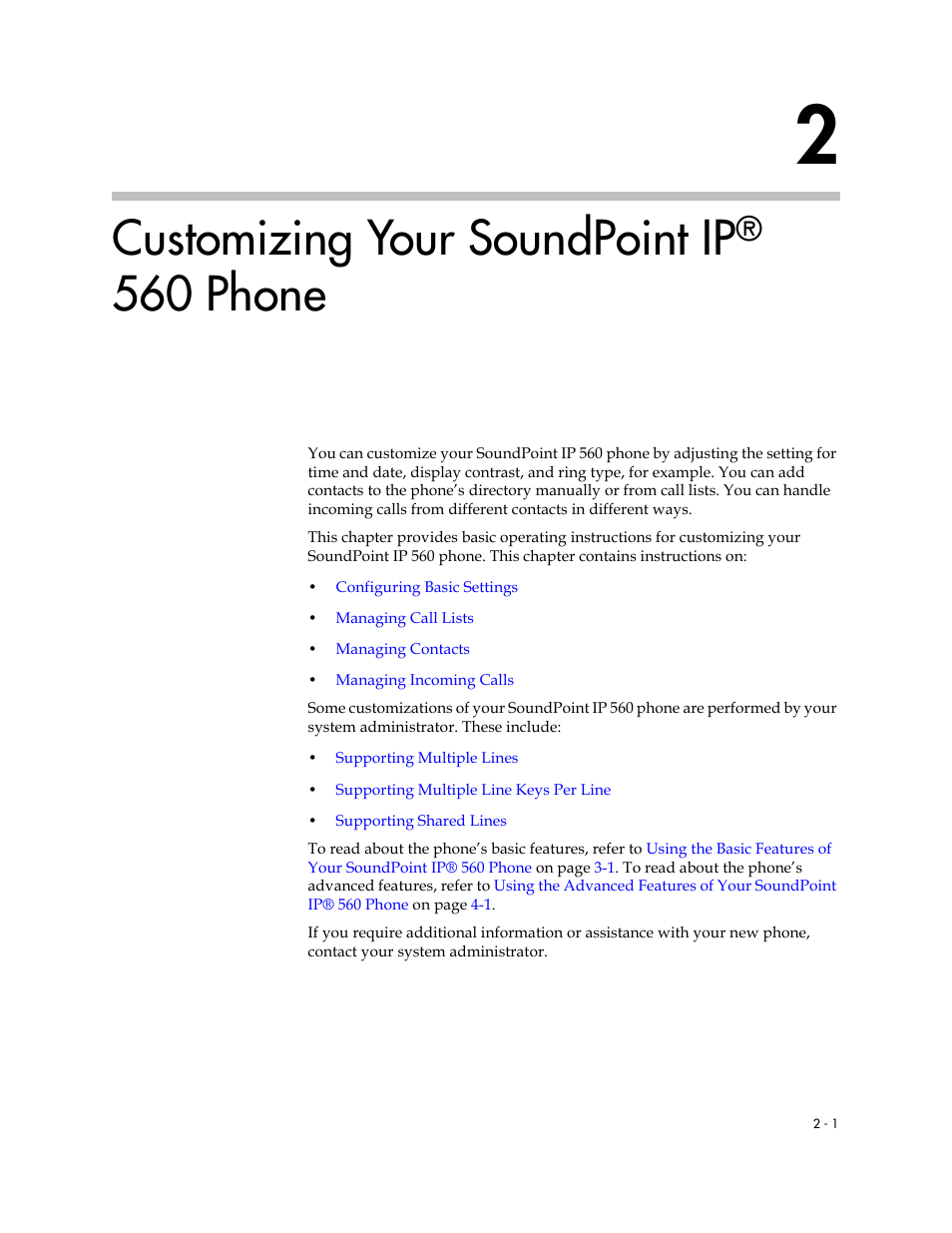 Customizing your soundpoint ip® 560 phone, 2 customizing your soundpoint ip® 560 phone –1, Customizing your soundpoint ip® 560 | Phone, Customizing your soundpoint ip, 560 phone | Polycom 560 User Manual | Page 21 / 90