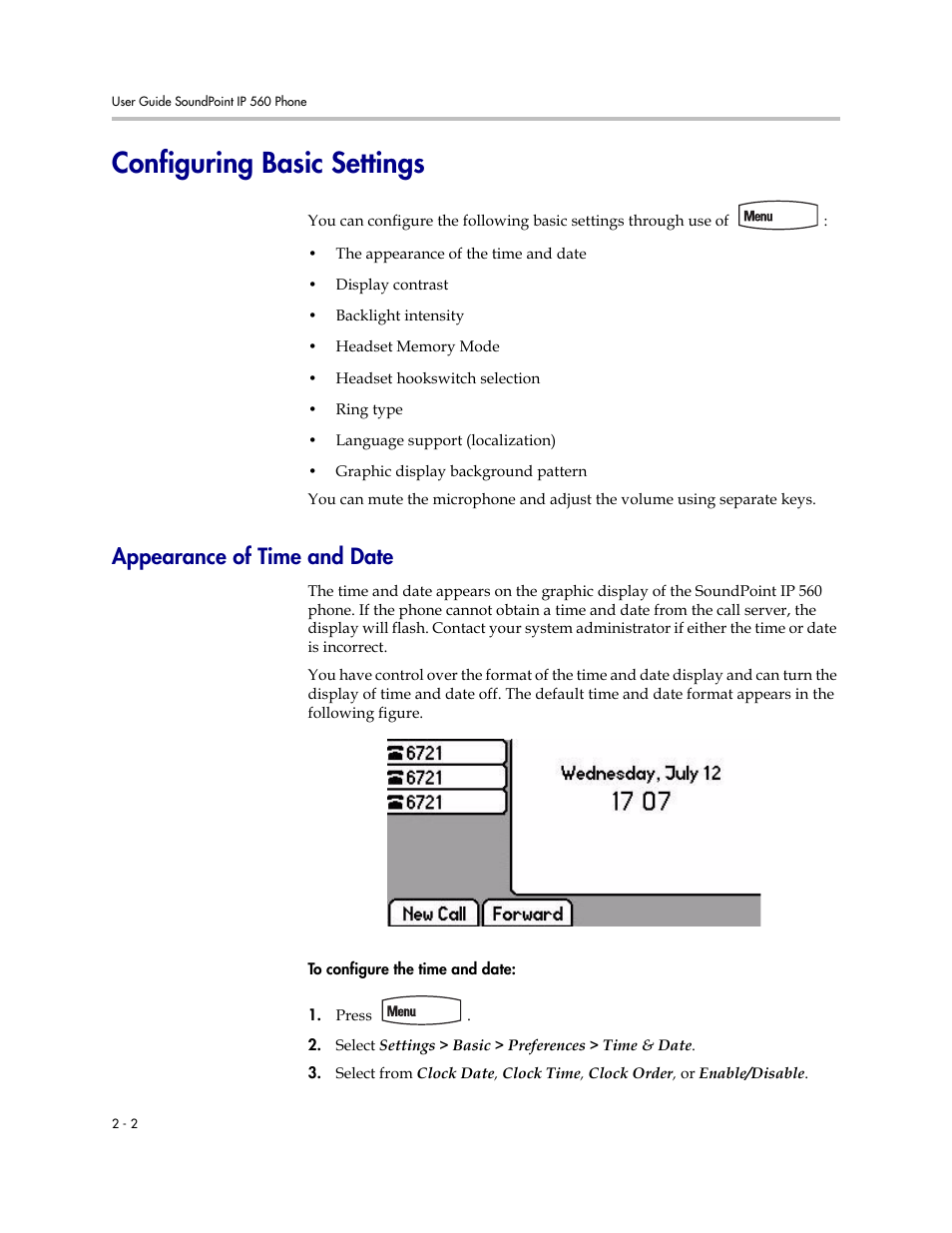 Configuring basic settings, Appearance of time and date, Configuring basic settings –2 | Time and date –2 | Polycom 560 User Manual | Page 22 / 90