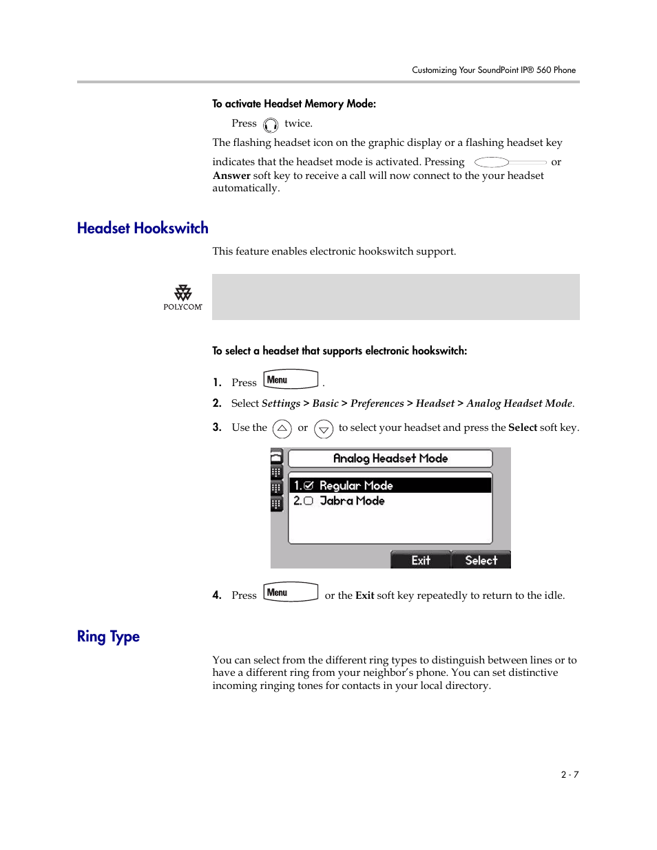 Headset hookswitch, Ring type, Headset hookswitch –7 ring type –7 | Polycom 560 User Manual | Page 27 / 90